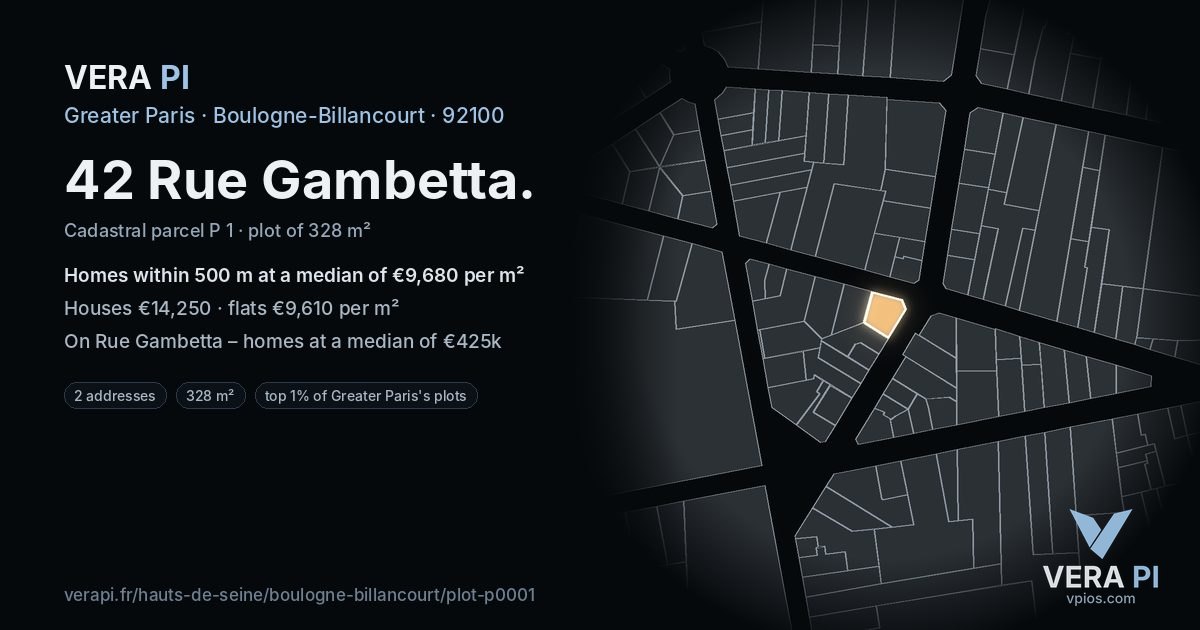 42 Rue Gambetta, Boulogne-Billancourt at night – the plot lit, the parcels around coloured by the prices near them