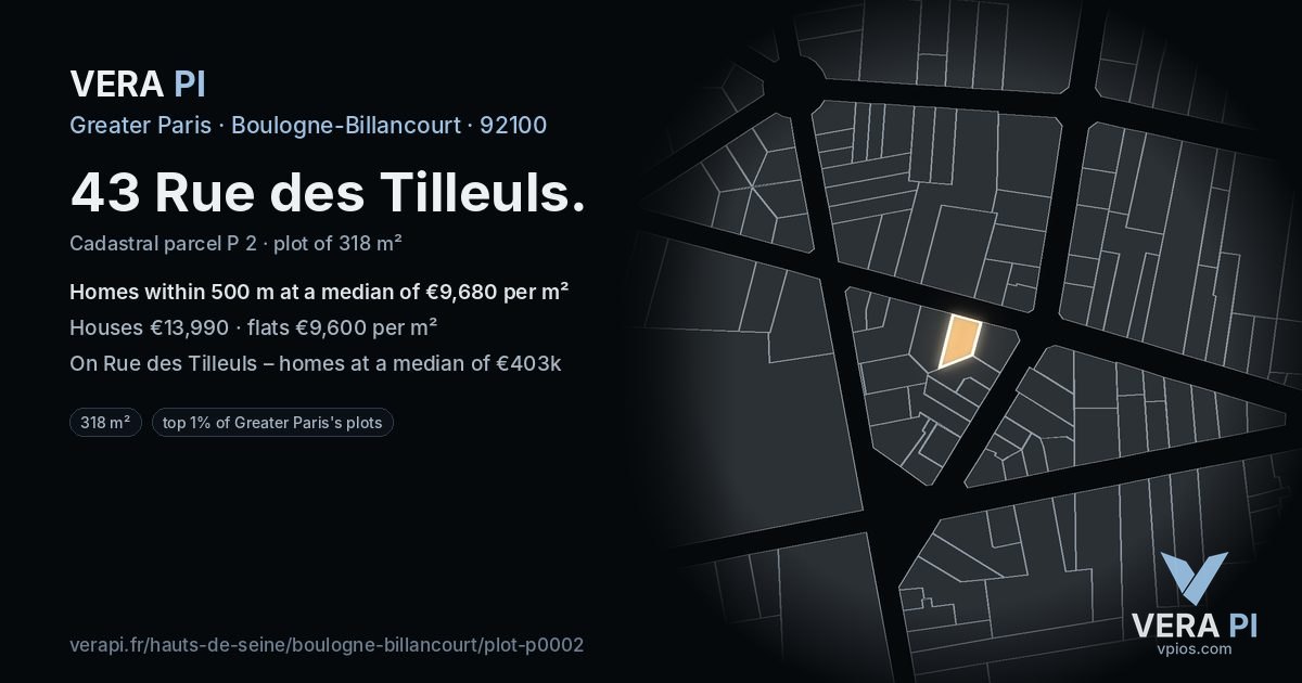 43 Rue des Tilleuls, Boulogne-Billancourt at night – the plot lit, the parcels around coloured by the prices near them