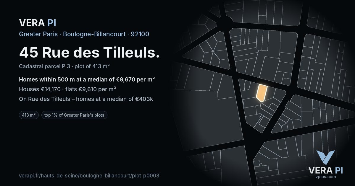 45 Rue des Tilleuls, Boulogne-Billancourt at night – the plot lit, the parcels around coloured by the prices near them