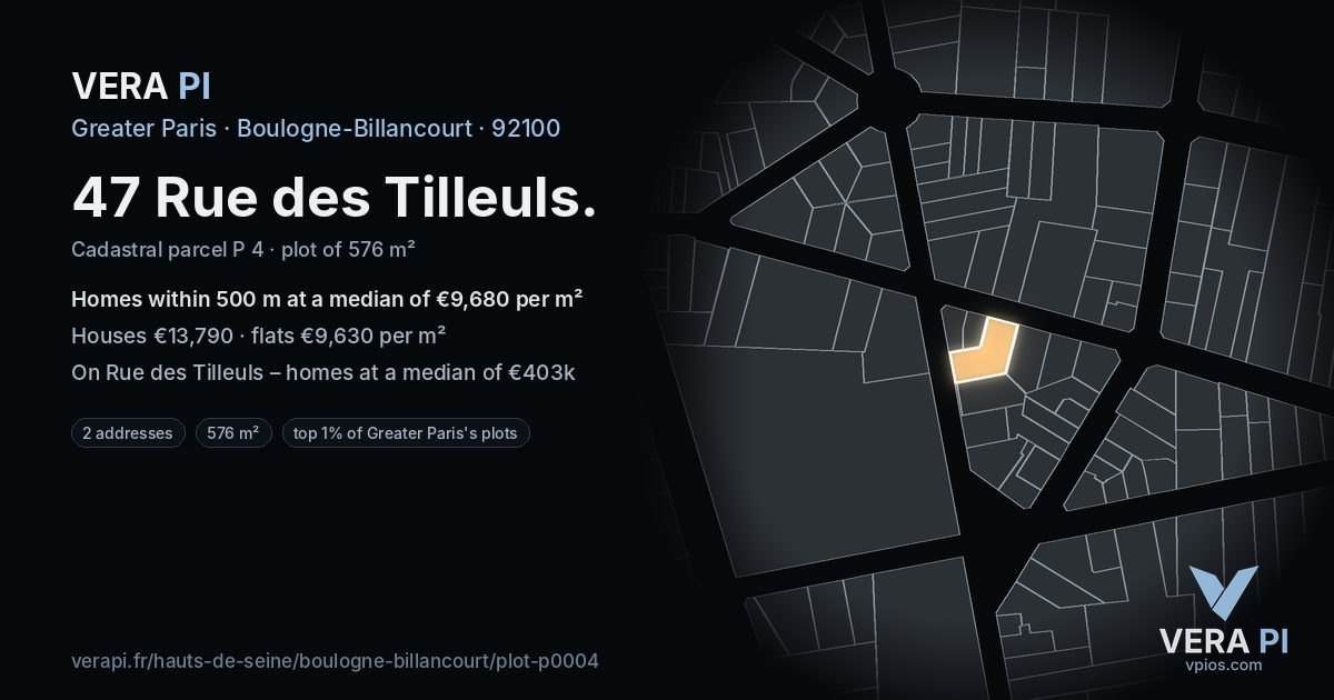 47 Rue des Tilleuls, Boulogne-Billancourt at night – the plot lit, the parcels around coloured by the prices near them