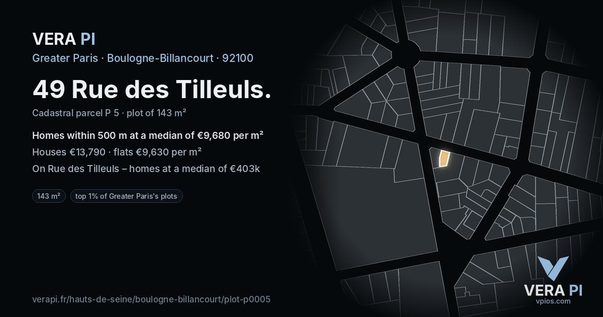 49 Rue des Tilleuls, Boulogne-Billancourt at night – the plot lit, the parcels around coloured by the prices near them
