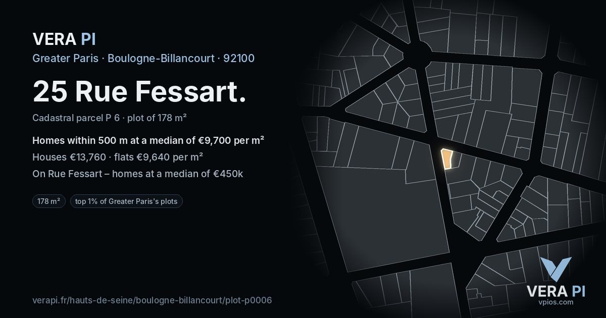 25 Rue Fessart, Boulogne-Billancourt at night – the plot lit, the parcels around coloured by the prices near them