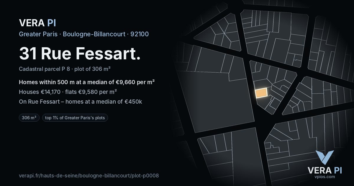31 Rue Fessart, Boulogne-Billancourt at night – the plot lit, the parcels around coloured by the prices near them