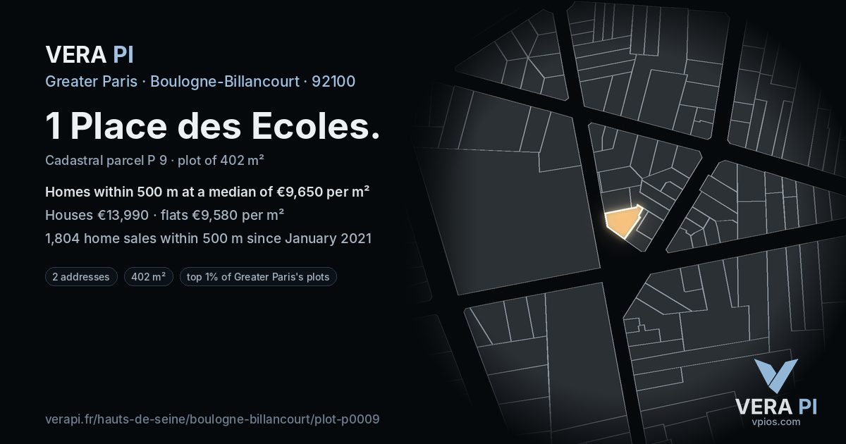 1 Place des Ecoles, Boulogne-Billancourt at night – the plot lit, the parcels around coloured by the prices near them
