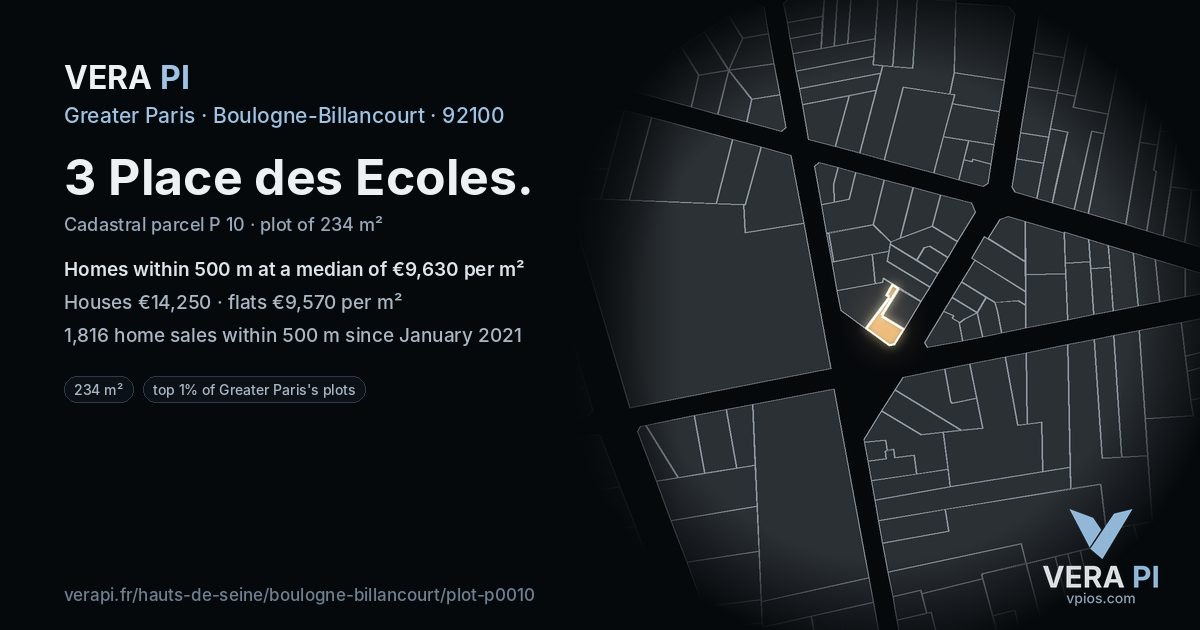 3 Place des Ecoles, Boulogne-Billancourt at night – the plot lit, the parcels around coloured by the prices near them