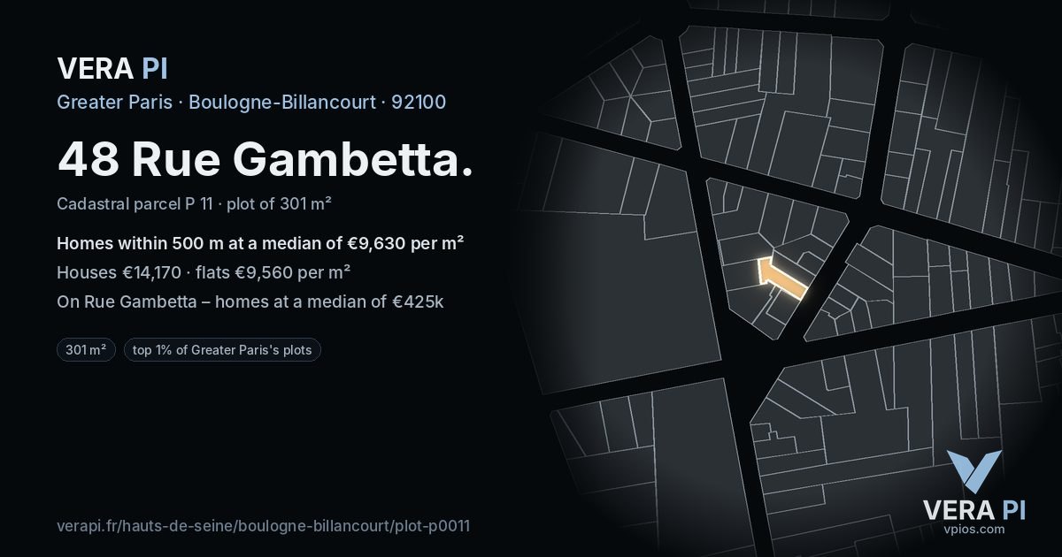 48 Rue Gambetta, Boulogne-Billancourt at night – the plot lit, the parcels around coloured by the prices near them
