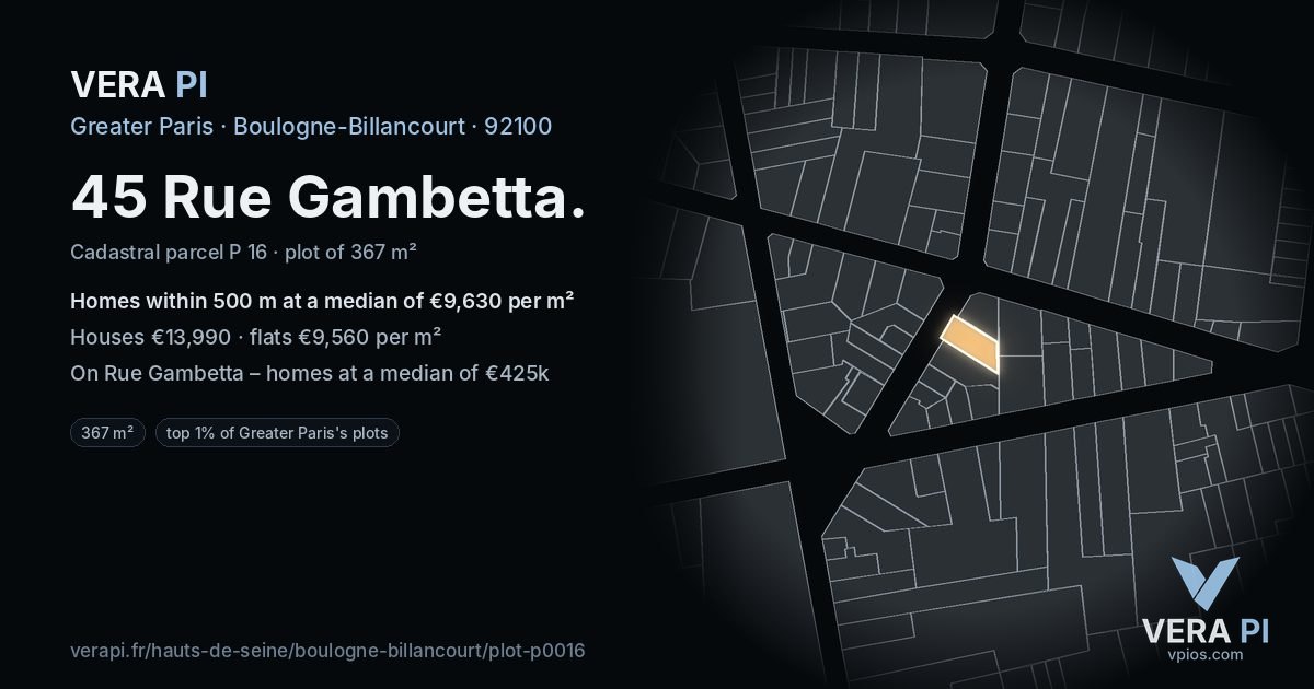 45 Rue Gambetta, Boulogne-Billancourt at night – the plot lit, the parcels around coloured by the prices near them