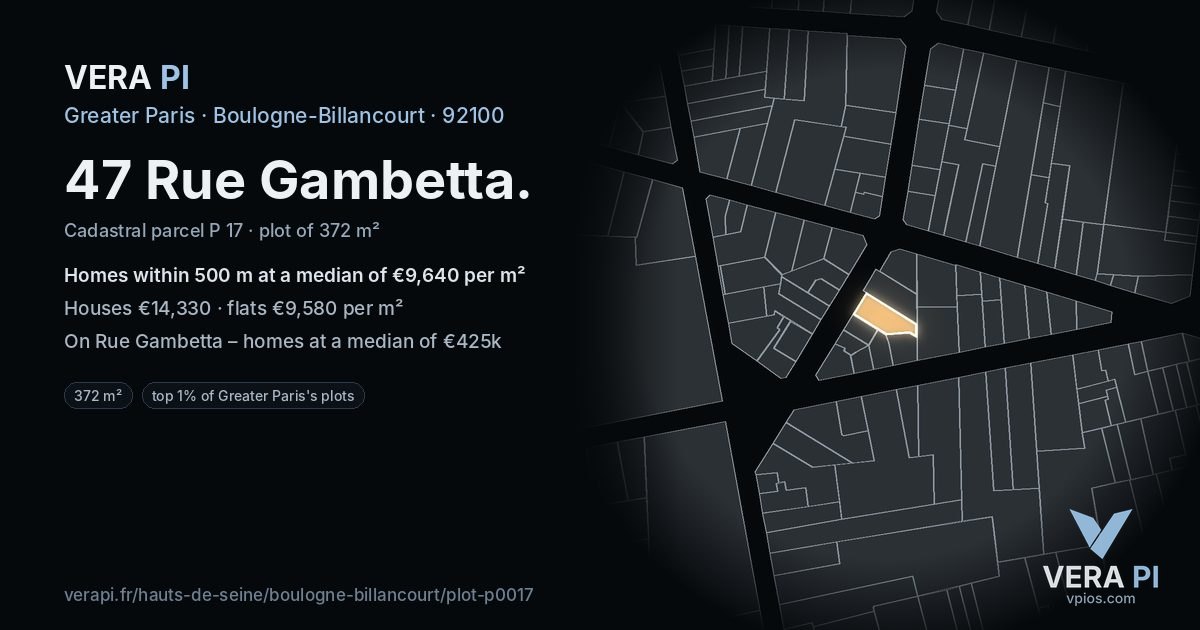 47 Rue Gambetta, Boulogne-Billancourt at night – the plot lit, the parcels around coloured by the prices near them