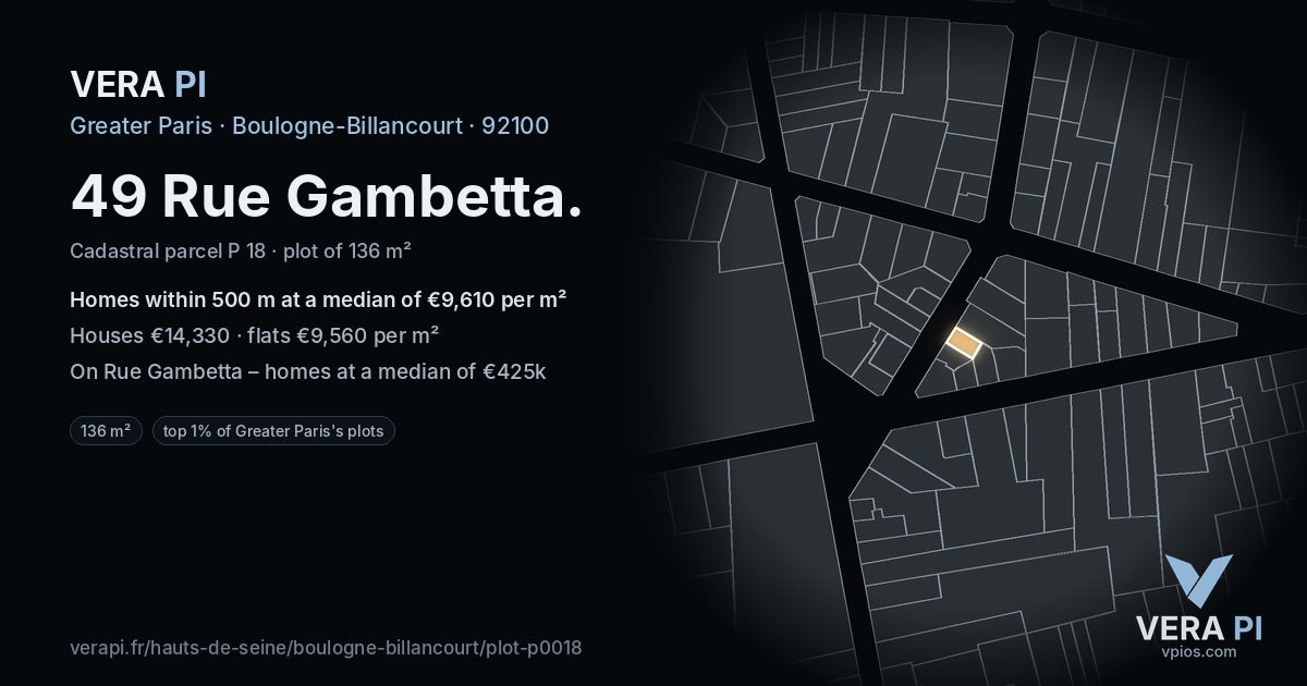 49 Rue Gambetta, Boulogne-Billancourt at night – the plot lit, the parcels around coloured by the prices near them