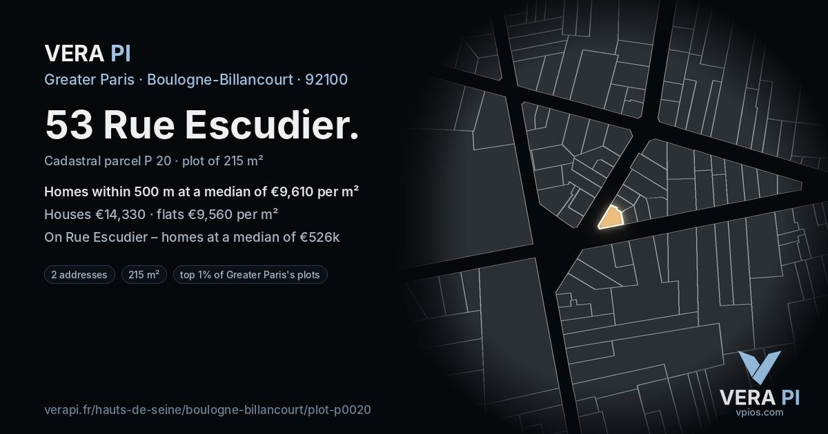 53 Rue Escudier, Boulogne-Billancourt at night – the plot lit, the parcels around coloured by the prices near them