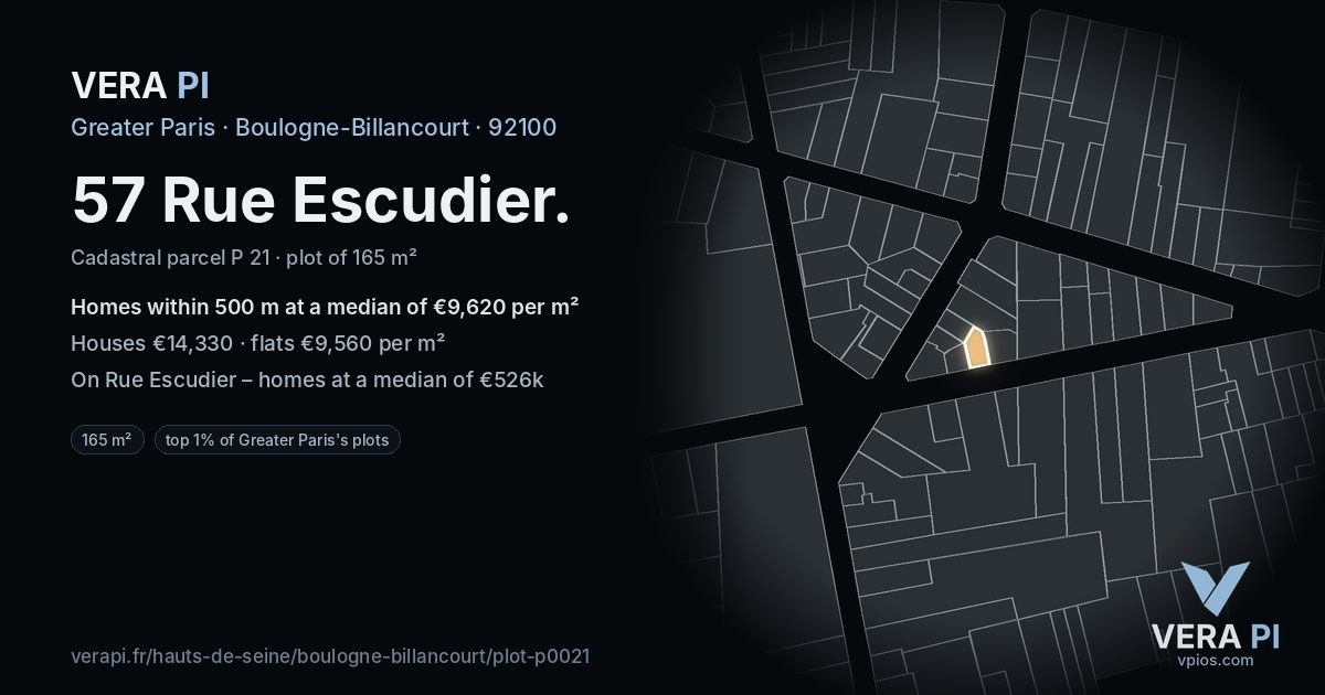 57 Rue Escudier, Boulogne-Billancourt at night – the plot lit, the parcels around coloured by the prices near them