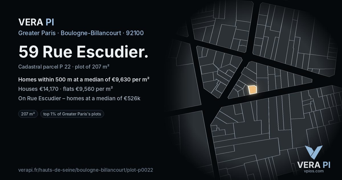 59 Rue Escudier, Boulogne-Billancourt at night – the plot lit, the parcels around coloured by the prices near them