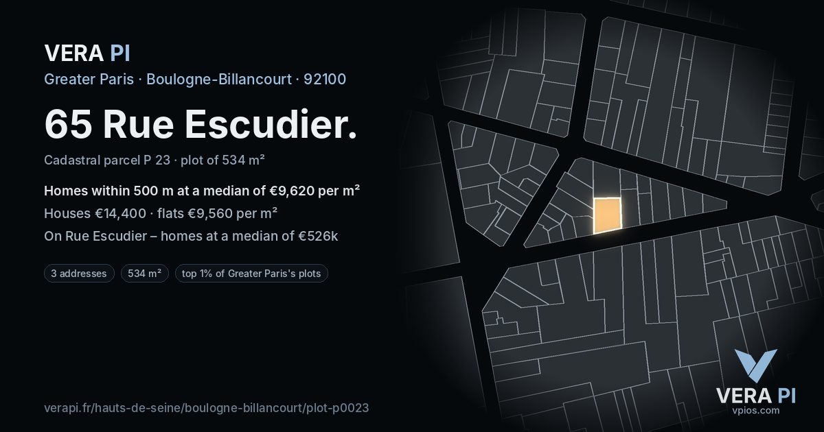 65 Rue Escudier, Boulogne-Billancourt at night – the plot lit, the parcels around coloured by the prices near them