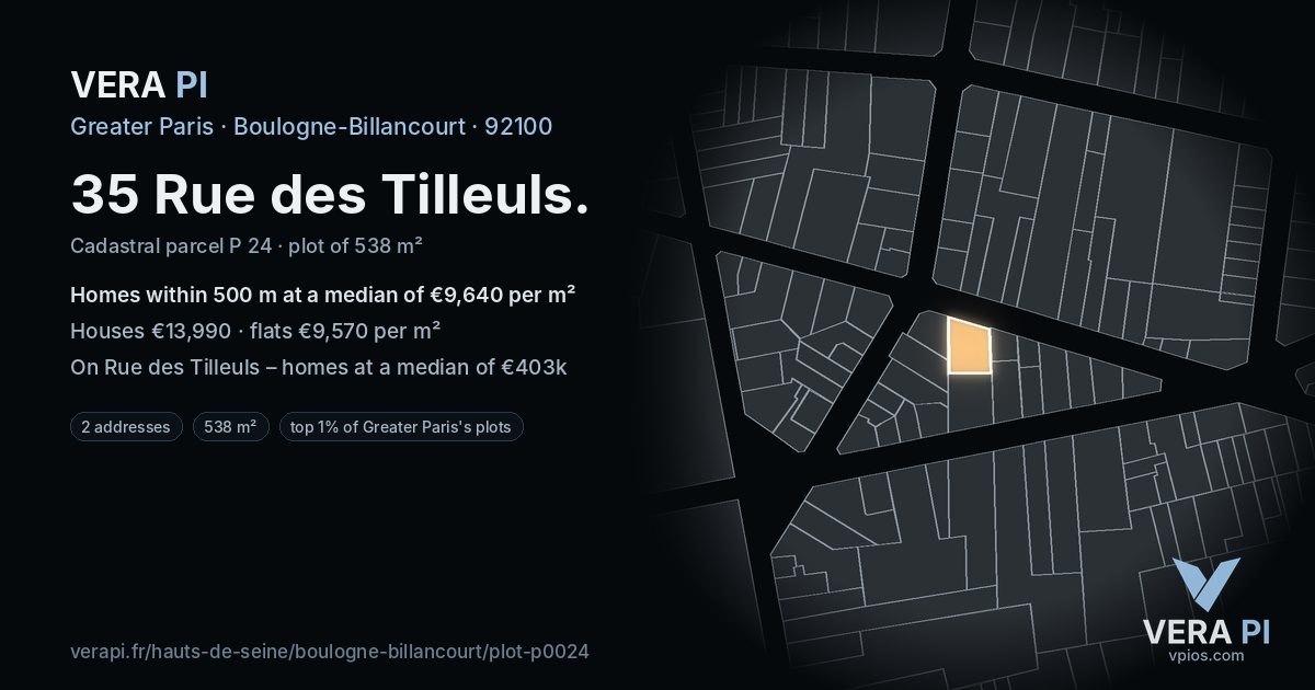 35 Rue des Tilleuls, Boulogne-Billancourt at night – the plot lit, the parcels around coloured by the prices near them