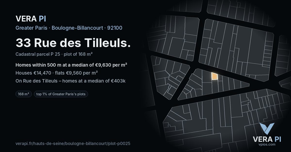 33 Rue des Tilleuls, Boulogne-Billancourt at night – the plot lit, the parcels around coloured by the prices near them