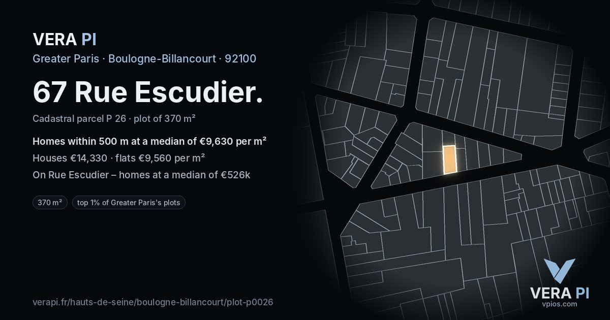 67 Rue Escudier, Boulogne-Billancourt at night – the plot lit, the parcels around coloured by the prices near them