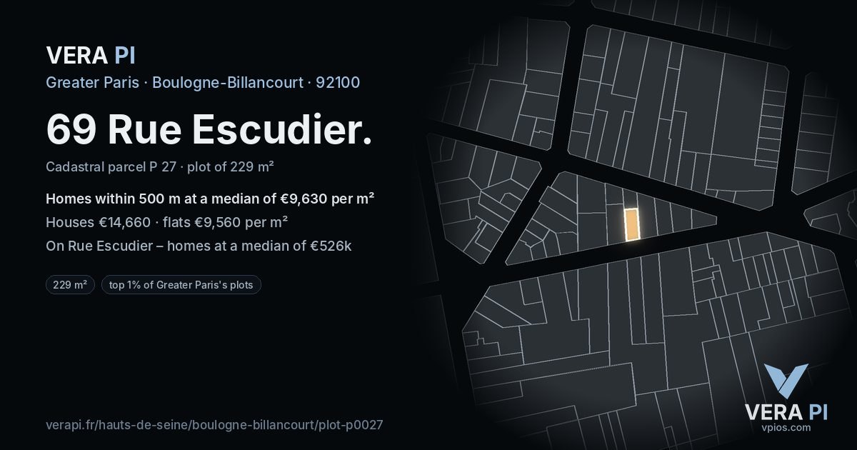 69 Rue Escudier, Boulogne-Billancourt at night – the plot lit, the parcels around coloured by the prices near them