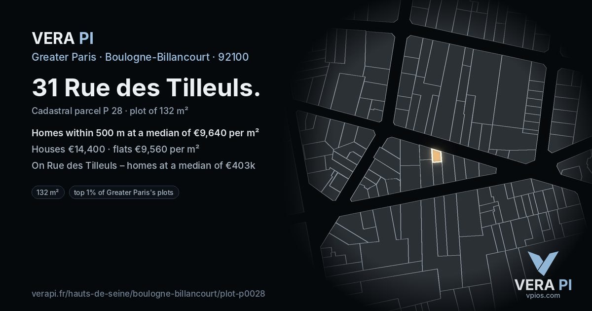 31 Rue des Tilleuls, Boulogne-Billancourt at night – the plot lit, the parcels around coloured by the prices near them