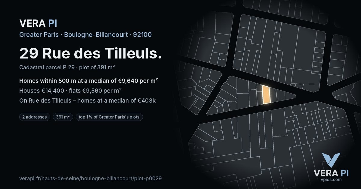 29 Rue des Tilleuls, Boulogne-Billancourt at night – the plot lit, the parcels around coloured by the prices near them