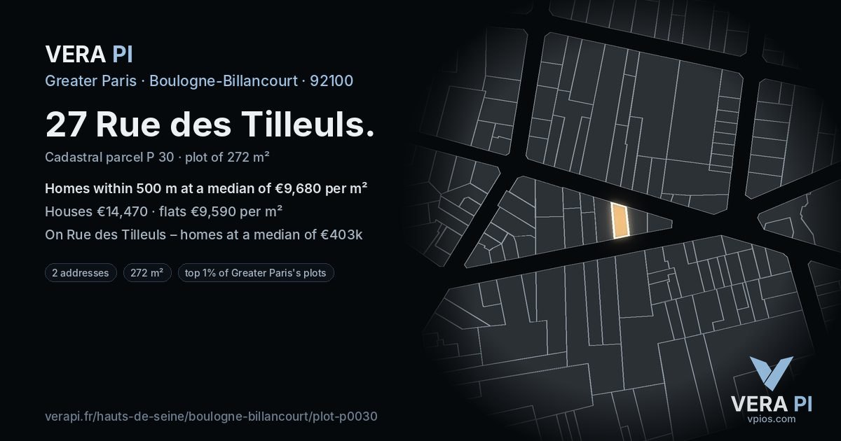 27 Rue des Tilleuls, Boulogne-Billancourt at night – the plot lit, the parcels around coloured by the prices near them