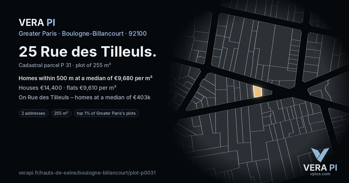 25 Rue des Tilleuls, Boulogne-Billancourt at night – the plot lit, the parcels around coloured by the prices near them