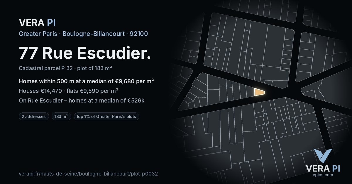 77 Rue Escudier, Boulogne-Billancourt at night – the plot lit, the parcels around coloured by the prices near them