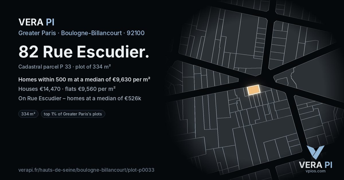 82 Rue Escudier, Boulogne-Billancourt at night – the plot lit, the parcels around coloured by the prices near them