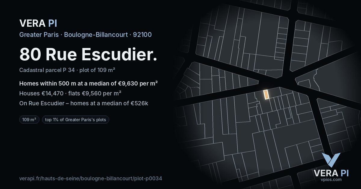 80 Rue Escudier, Boulogne-Billancourt at night – the plot lit, the parcels around coloured by the prices near them