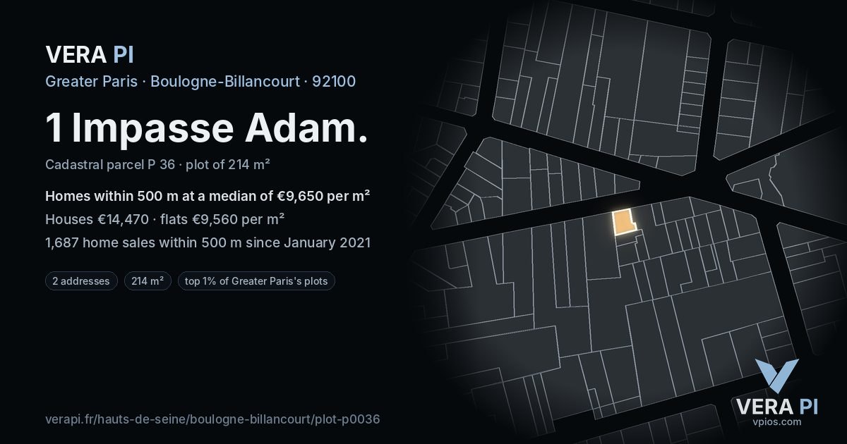 1 Impasse Adam, Boulogne-Billancourt at night – the plot lit, the parcels around coloured by the prices near them