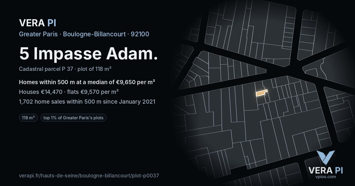 5 Impasse Adam, Boulogne-Billancourt at night – the plot lit, the parcels around coloured by the prices near them