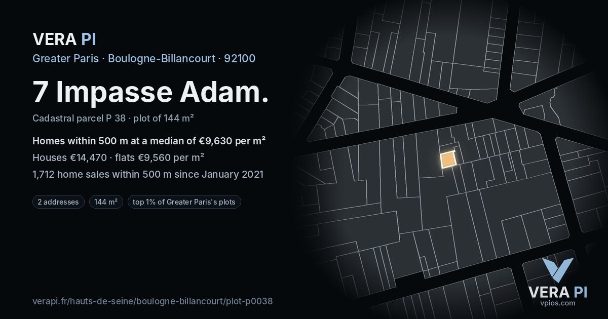 7 Impasse Adam, Boulogne-Billancourt at night – the plot lit, the parcels around coloured by the prices near them