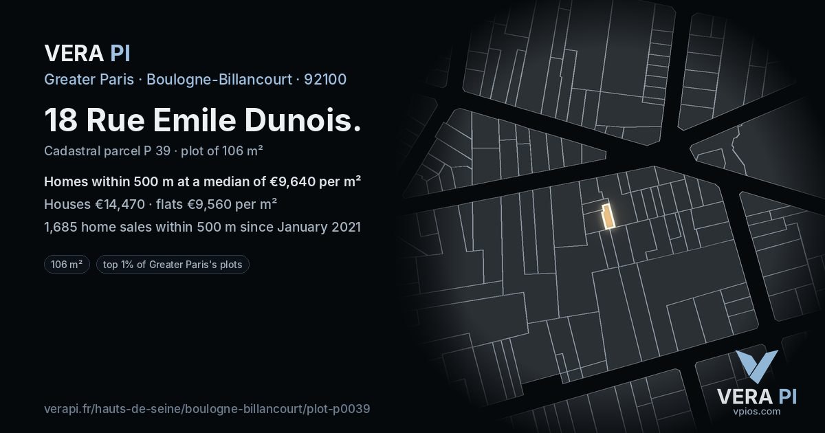 18 Rue Emile Dunois, Boulogne-Billancourt at night – the plot lit, the parcels around coloured by the prices near them