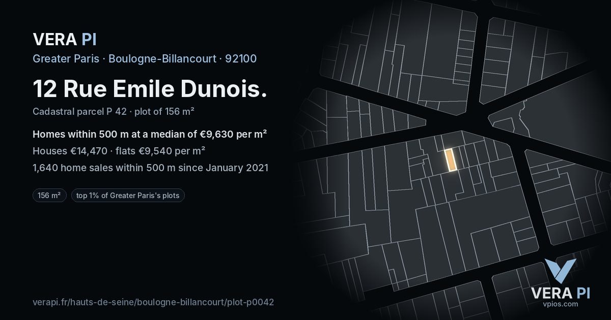 12 Rue Emile Dunois, Boulogne-Billancourt at night – the plot lit, the parcels around coloured by the prices near them