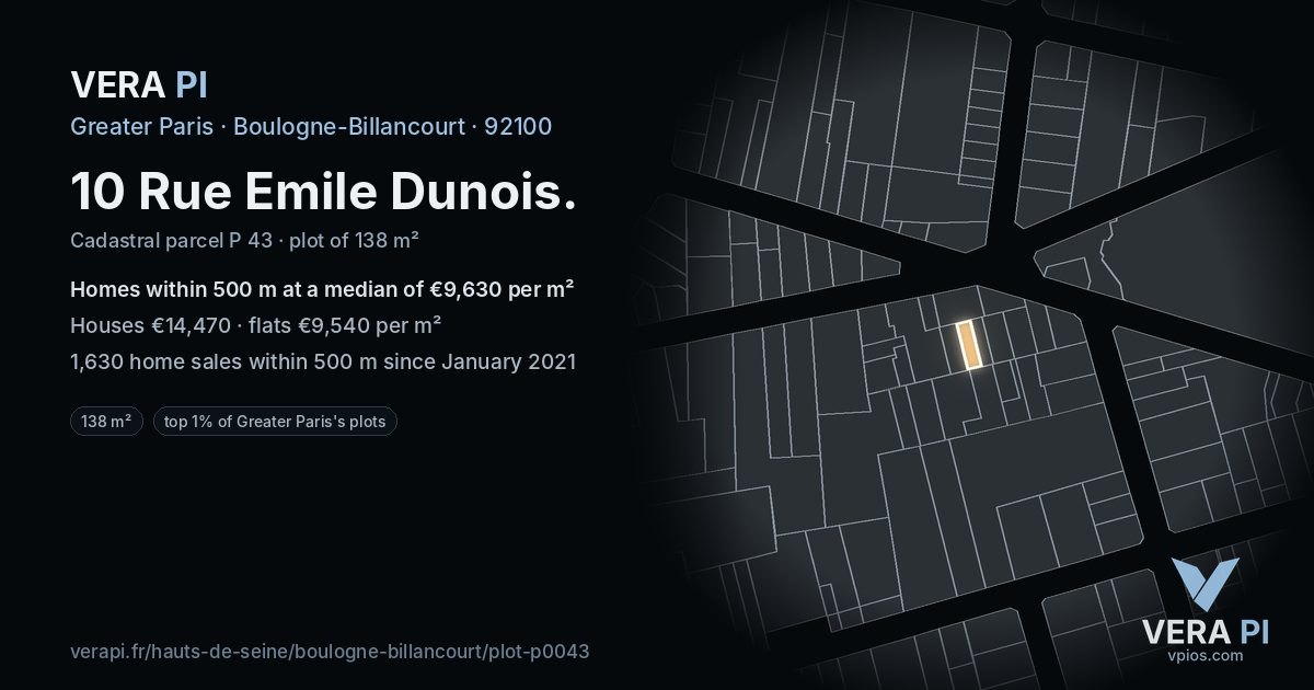 10 Rue Emile Dunois, Boulogne-Billancourt at night – the plot lit, the parcels around coloured by the prices near them