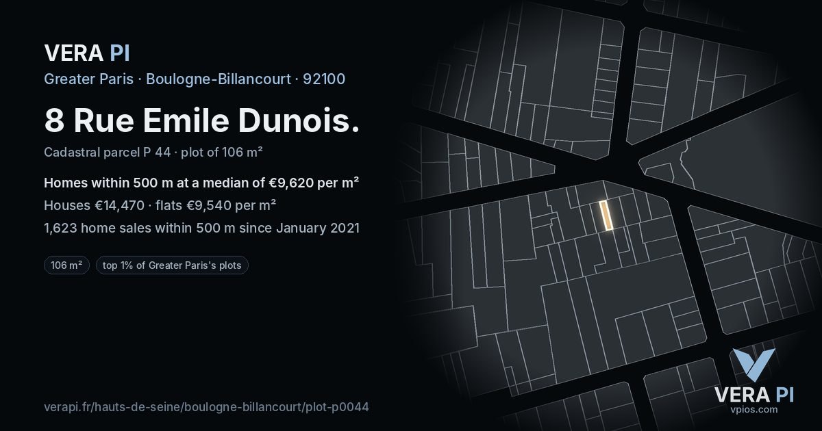 8 Rue Emile Dunois, Boulogne-Billancourt at night – the plot lit, the parcels around coloured by the prices near them
