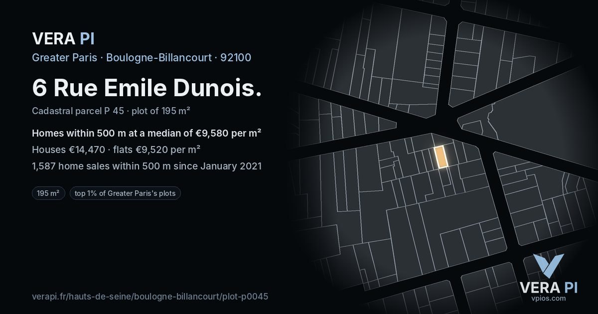 6 Rue Emile Dunois, Boulogne-Billancourt at night – the plot lit, the parcels around coloured by the prices near them