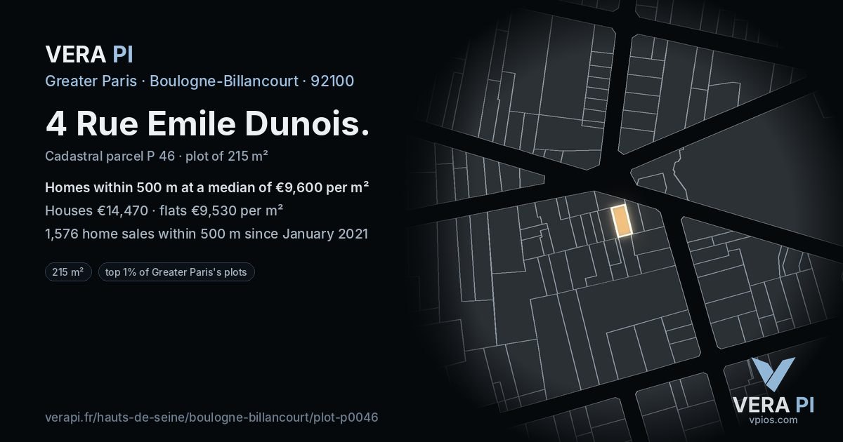 4 Rue Emile Dunois, Boulogne-Billancourt at night – the plot lit, the parcels around coloured by the prices near them