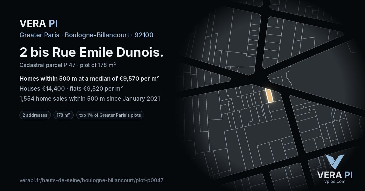 2 bis Rue Emile Dunois, Boulogne-Billancourt at night – the plot lit, the parcels around coloured by the prices near them