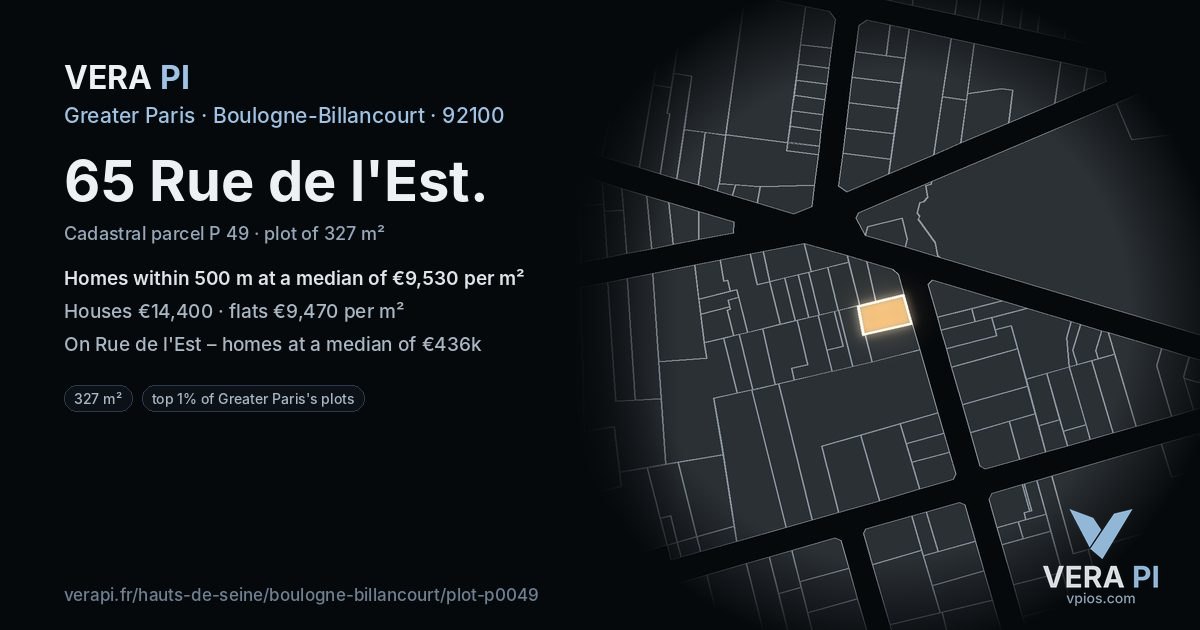 65 Rue de l'Est, Boulogne-Billancourt at night – the plot lit, the parcels around coloured by the prices near them
