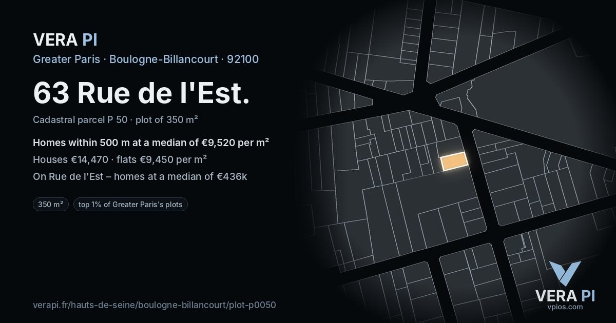 63 Rue de l'Est, Boulogne-Billancourt at night – the plot lit, the parcels around coloured by the prices near them