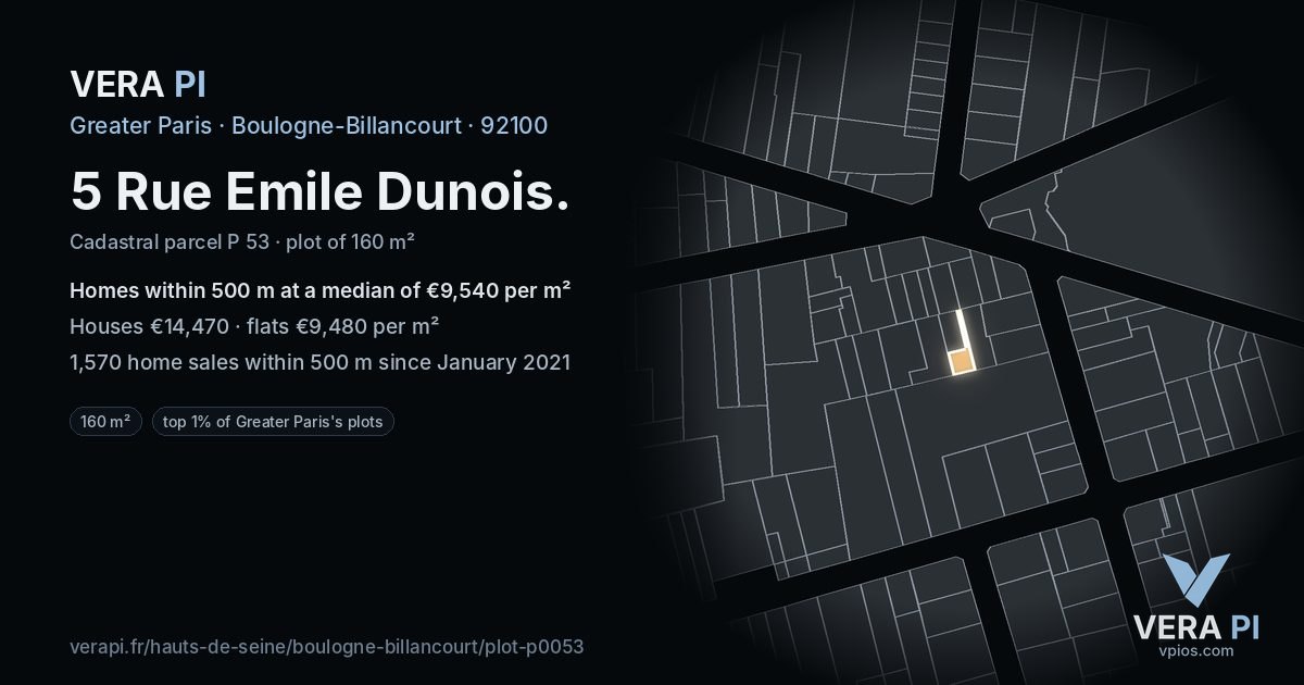 5 Rue Emile Dunois, Boulogne-Billancourt at night – the plot lit, the parcels around coloured by the prices near them
