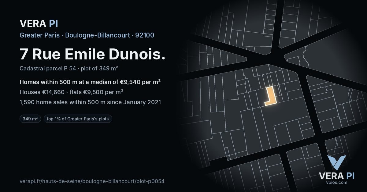 7 Rue Emile Dunois, Boulogne-Billancourt at night – the plot lit, the parcels around coloured by the prices near them