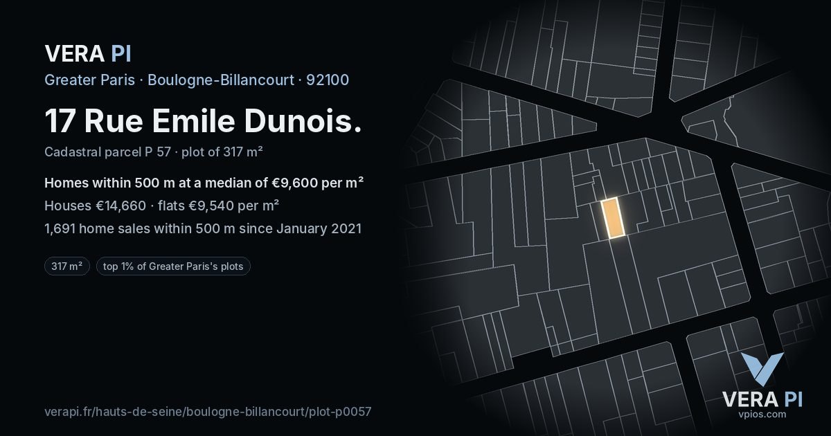 17 Rue Emile Dunois, Boulogne-Billancourt at night – the plot lit, the parcels around coloured by the prices near them