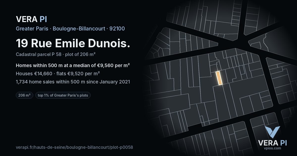 19 Rue Emile Dunois, Boulogne-Billancourt at night – the plot lit, the parcels around coloured by the prices near them
