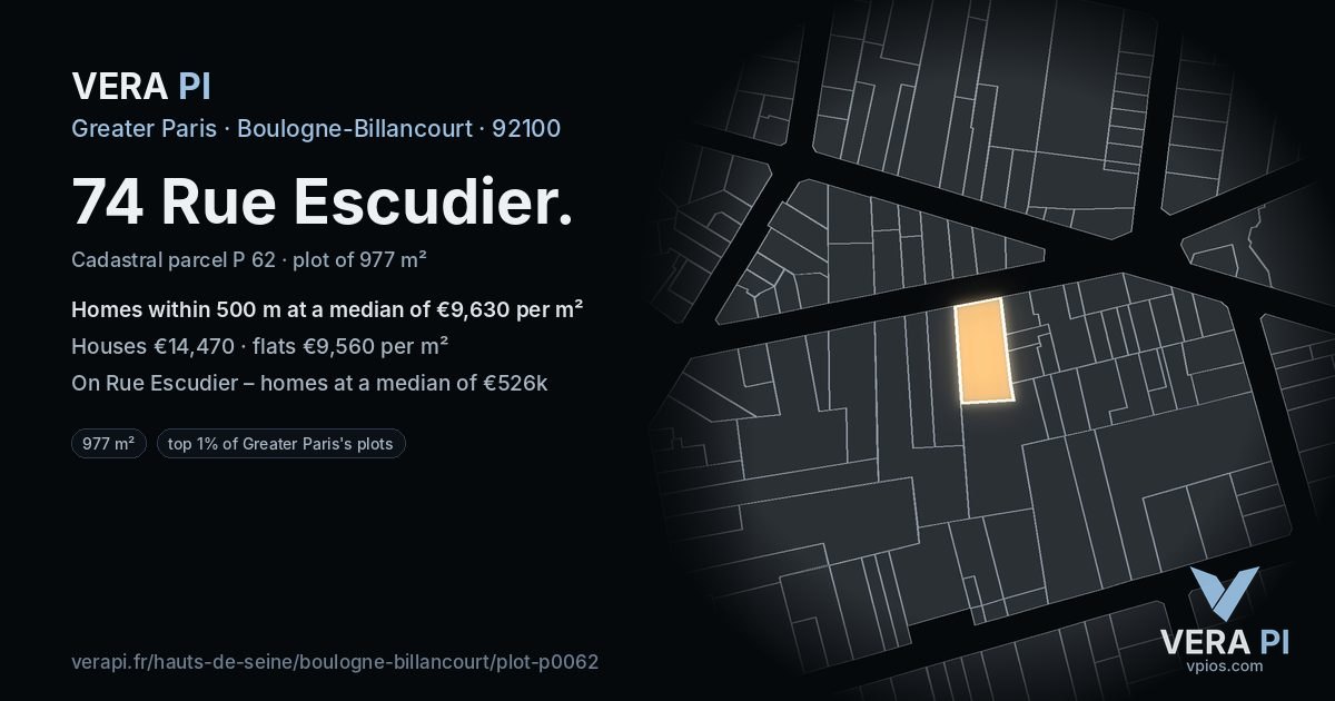 74 Rue Escudier, Boulogne-Billancourt at night – the plot lit, the parcels around coloured by the prices near them