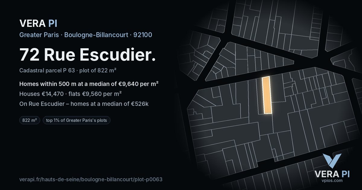 72 Rue Escudier, Boulogne-Billancourt at night – the plot lit, the parcels around coloured by the prices near them