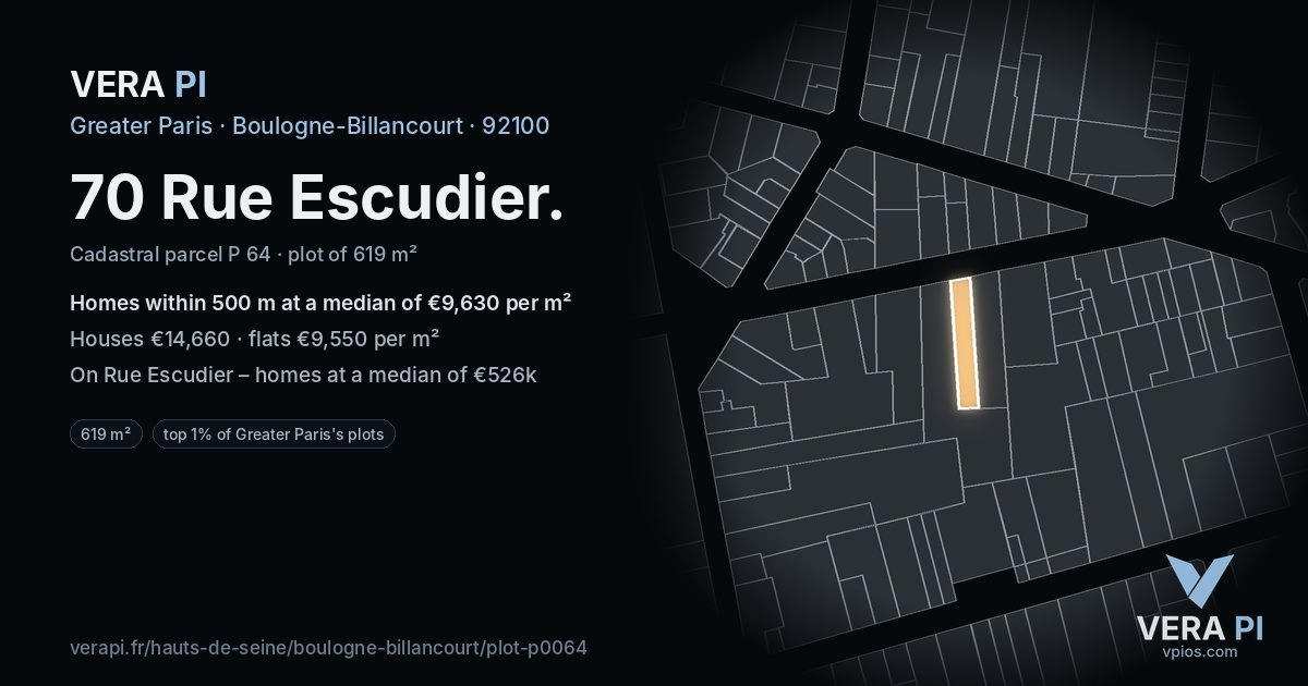 70 Rue Escudier, Boulogne-Billancourt at night – the plot lit, the parcels around coloured by the prices near them
