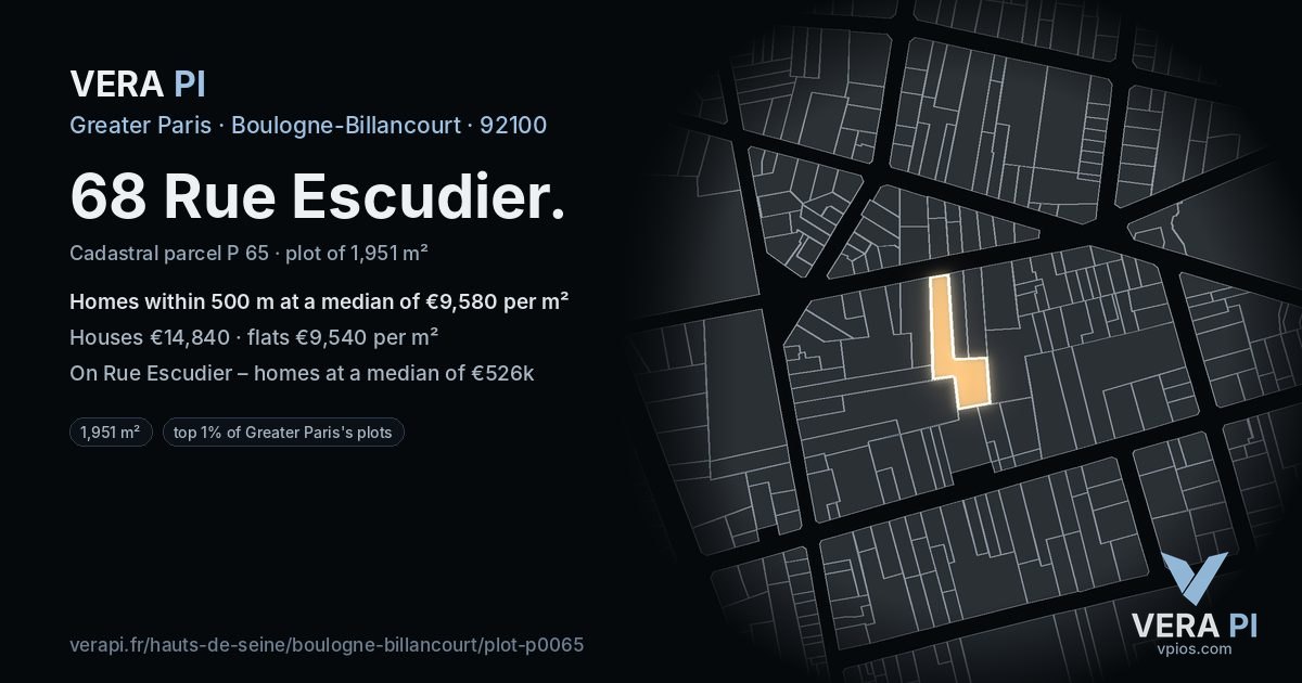 68 Rue Escudier, Boulogne-Billancourt at night – the plot lit, the parcels around coloured by the prices near them
