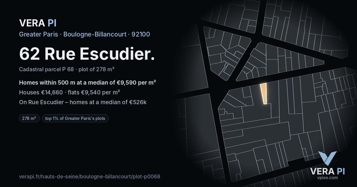 62 Rue Escudier, Boulogne-Billancourt at night – the plot lit, the parcels around coloured by the prices near them