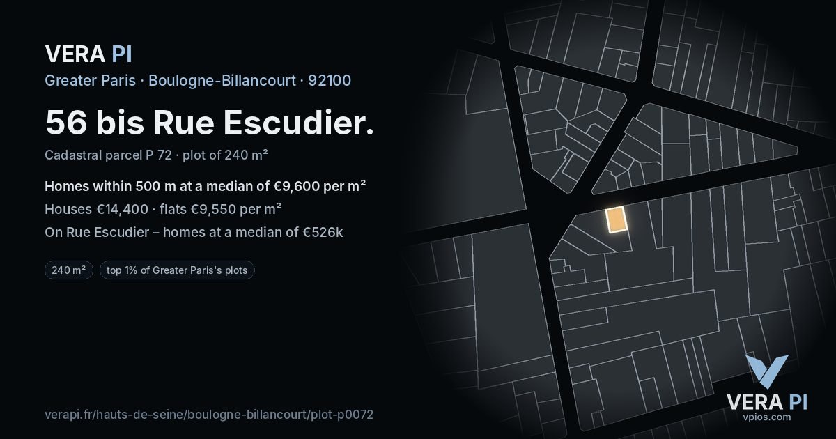 56 bis Rue Escudier, Boulogne-Billancourt at night – the plot lit, the parcels around coloured by the prices near them